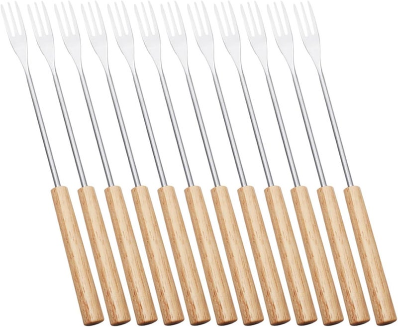 12pcs Stainless Steel Wood Handle Fondue Forks Set for Chocolate Cheese Ice Cream Dipping Household Barbecue Skewers - Image 1