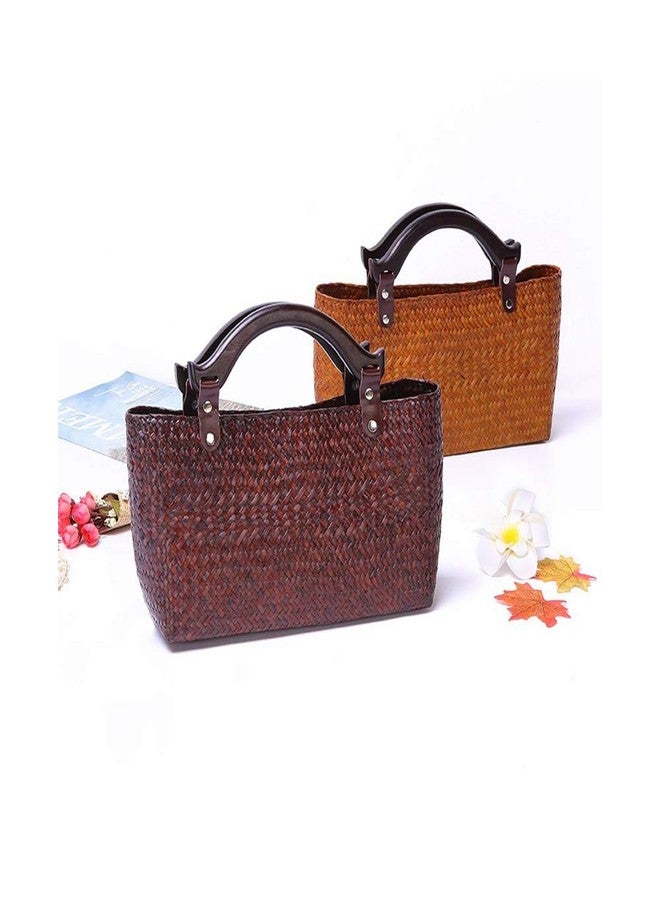 QTKJ Hand-woven Large Retro Straw Handbag Bag Summer Beach Boho Rattan Tote Travel Bag with Wooden Top Handle (Red) - Image 4