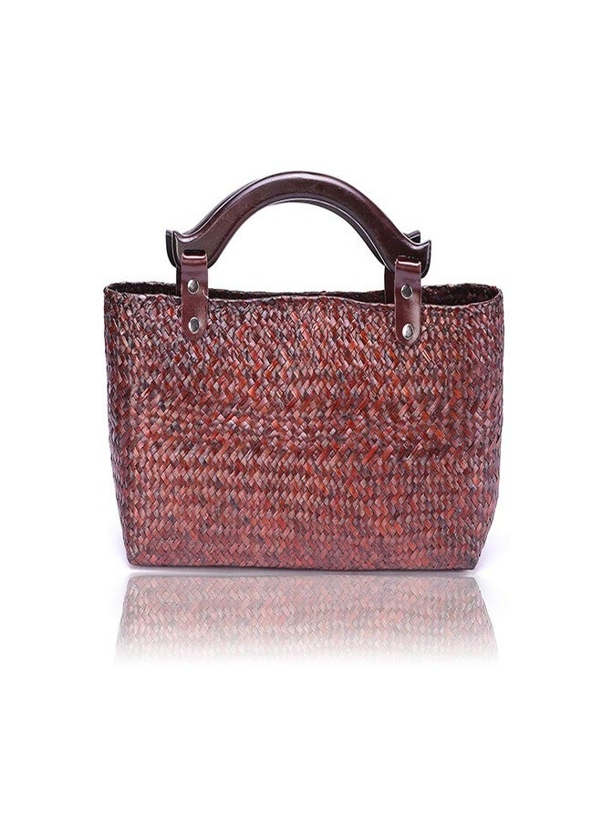 QTKJ Hand-woven Large Retro Straw Handbag Bag Summer Beach Boho Rattan Tote Travel Bag with Wooden Top Handle (Red) - Image 1
