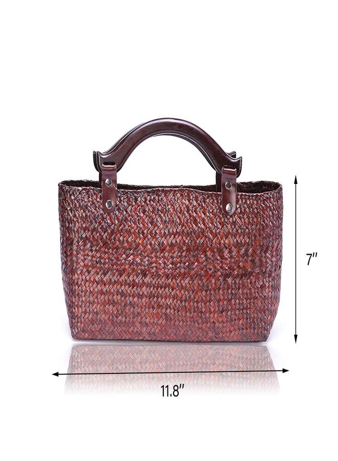 QTKJ Hand-woven Large Retro Straw Handbag Bag Summer Beach Boho Rattan Tote Travel Bag with Wooden Top Handle (Red) - Image 2