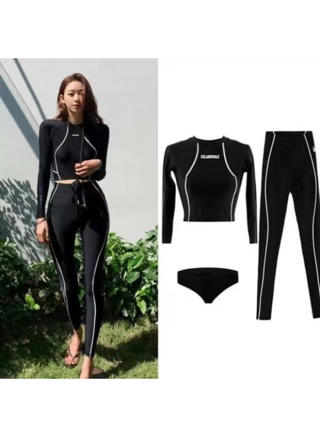 Generic South Korea Outdoor Swimsuit Split Three-piece Sports High Waist Pants Long Sleeve Sun Protection Clothing Snorkeling Hot Spring Surfing-Color:2002 Two-piece Set-Size:L - Image 3