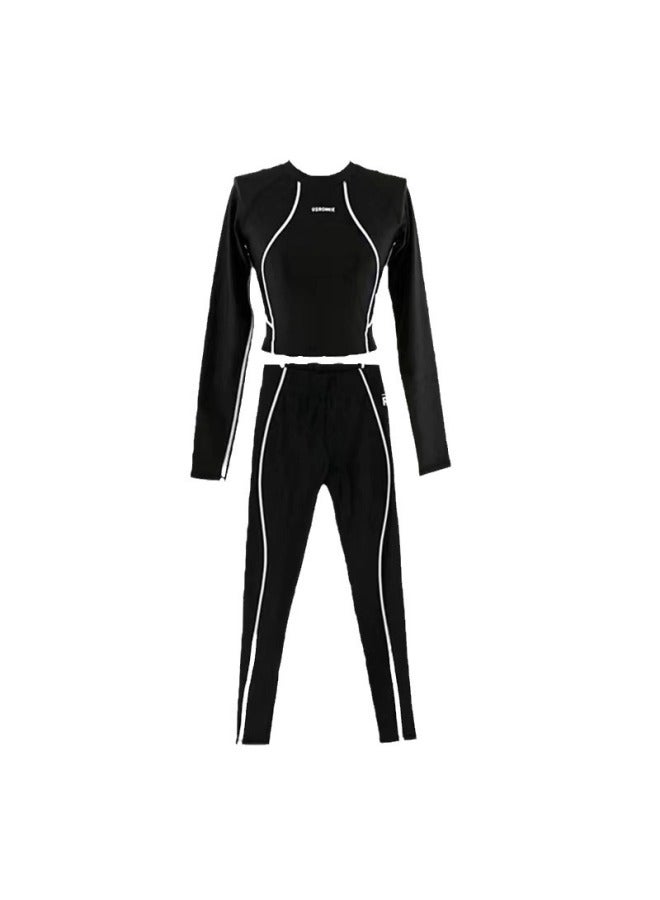 Generic South Korea Outdoor Swimsuit Split Three-piece Sports High Waist Pants Long Sleeve Sun Protection Clothing Snorkeling Hot Spring Surfing-Color:2002 Two-piece Set-Size:L - Image 1