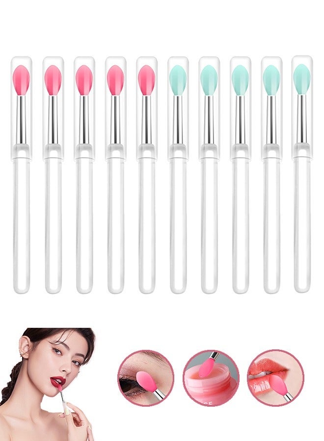 10pcs Silicone Lip Brushes Set, Lipstick Lip Gloss Applicator Brushes with Anti-lost Cover Lip Care Tool, Multipurpose Crystal Rod Makeup Brushes (Pink+Green) - Image 1