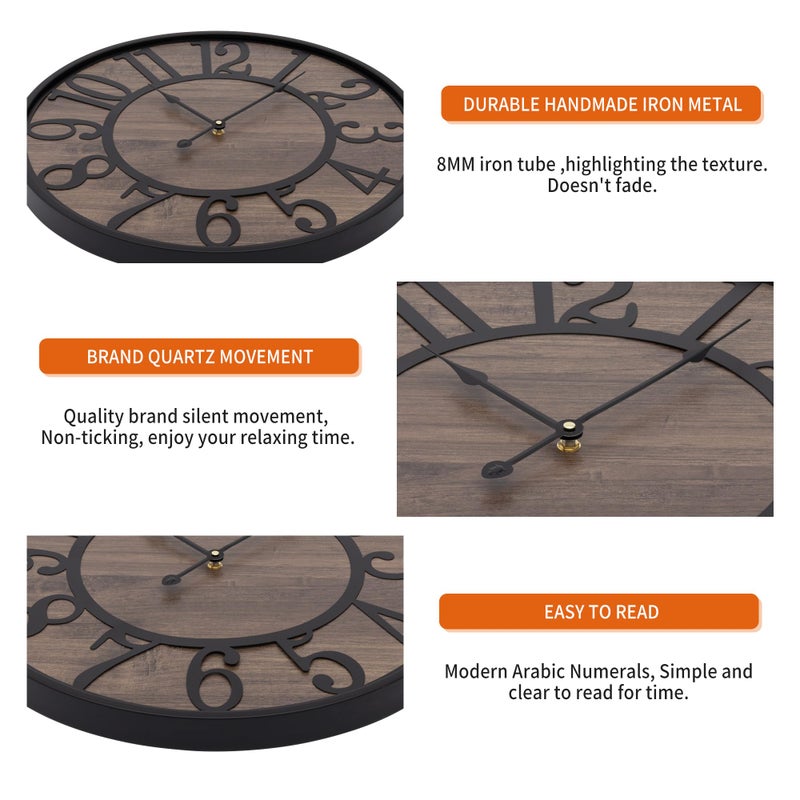 LEIKE Large Wall Clocks for Living Room,Non Ticking Silent,Battery Operated Big Round Modern Wood Wall Clock for Bedroom,Farmhouse,Office,Vintage Home Decor-24 Inch/60CM-Black-Arabic Number - Image 3