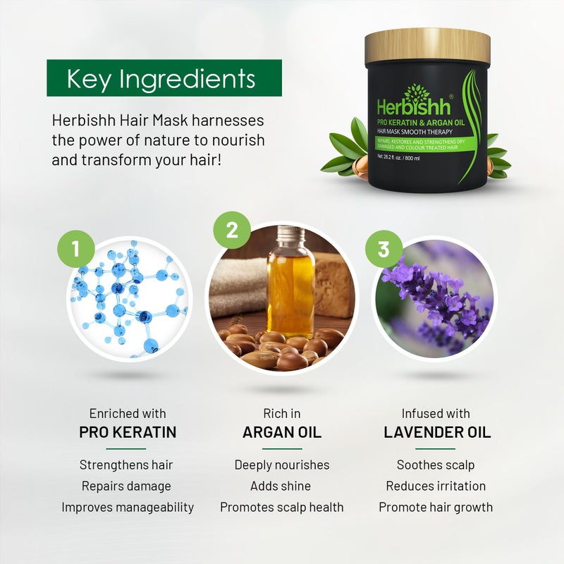 Herbishh Argan Hair Mask-Deep Conditioning & Hydration For Healthier Looking Hair- for very Dry, Weak, Stressed Out Hair, No Sulphates, No Parabens (800ML) - Image 3