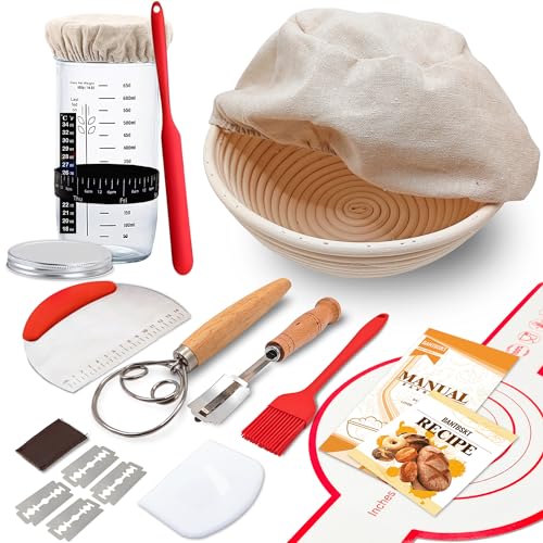 BANTBSKT Complete Sourdough Starter Kit, Banneton Bread Proofing Basket with Glass Sourdough Starter Jar, Sourdough Bread Baking Supplies, 9'' Round Bread Proofing Basket, for Bread Making Baking Fermentation - Image 1