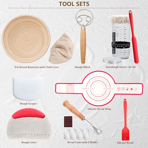 BANTBSKT Complete Sourdough Starter Kit, Banneton Bread Proofing Basket with Glass Sourdough Starter Jar, Sourdough Bread Baking Supplies, 9'' Round Bread Proofing Basket, for Bread Making Baking Fermentation - Image 2