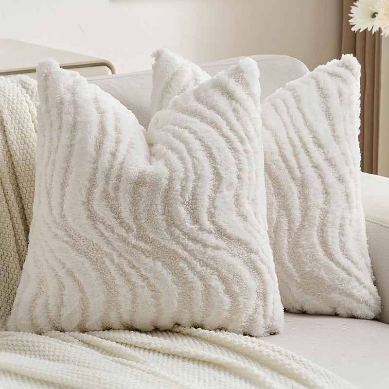 FUTEI White Decorative Throw Pillow Covers 18x18 Inch Set of 2,Soft Faux Fur Geometric Shapes Texture Cushion Case,Boho Home Decor for Couch Bed Living Room - Image 1