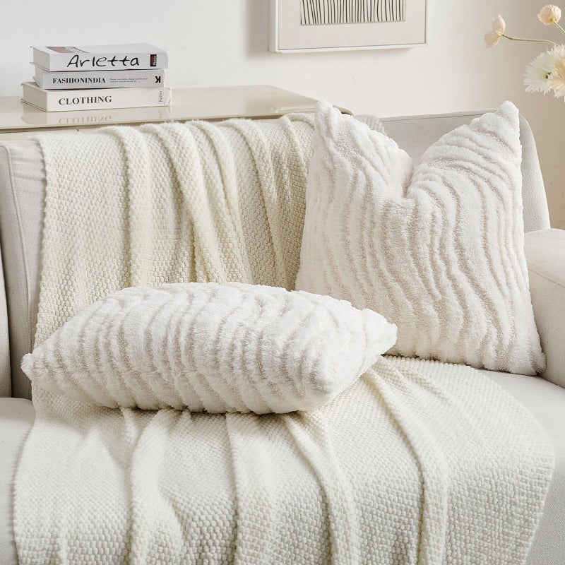 FUTEI White Decorative Throw Pillow Covers 18x18 Inch Set of 2,Soft Faux Fur Geometric Shapes Texture Cushion Case,Boho Home Decor for Couch Bed Living Room - Image 5