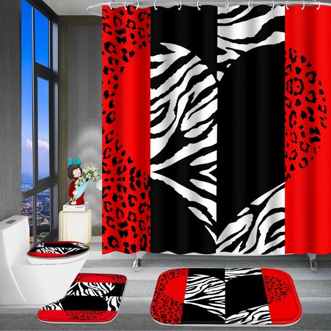 4 PCS BATHROOM CURTAIN SET RED LEOPARD PRINT SHOWER CURTAINS WITH BRIGHT STYLE RUGS BATH MAT U SHAPE TOILET LID COVER MAT AND 12 HOOKS