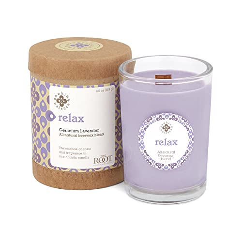 Root Candles Seeking Balance Wood Wick Spa Candle Aromatherapy Candles, 6.5-Ounce, Relax: Geranium Lavender - Image 1