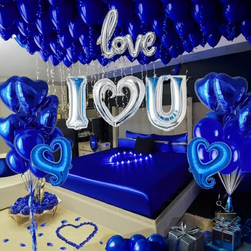 yeewaka I Love You Balloons for HimHer Balloons Royal Blue Sliver romantic balloon kit with blue heart mylar balloons blue rose petals for hotel Decorations Valentines Party wedding anniversary supplies - Image 1