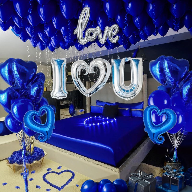 yeewaka I Love You Balloons for HimHer Balloons Royal Blue Sliver romantic balloon kit with blue heart mylar balloons blue rose petals for hotel Decorations Valentines Party wedding anniversary supplies - Image 2