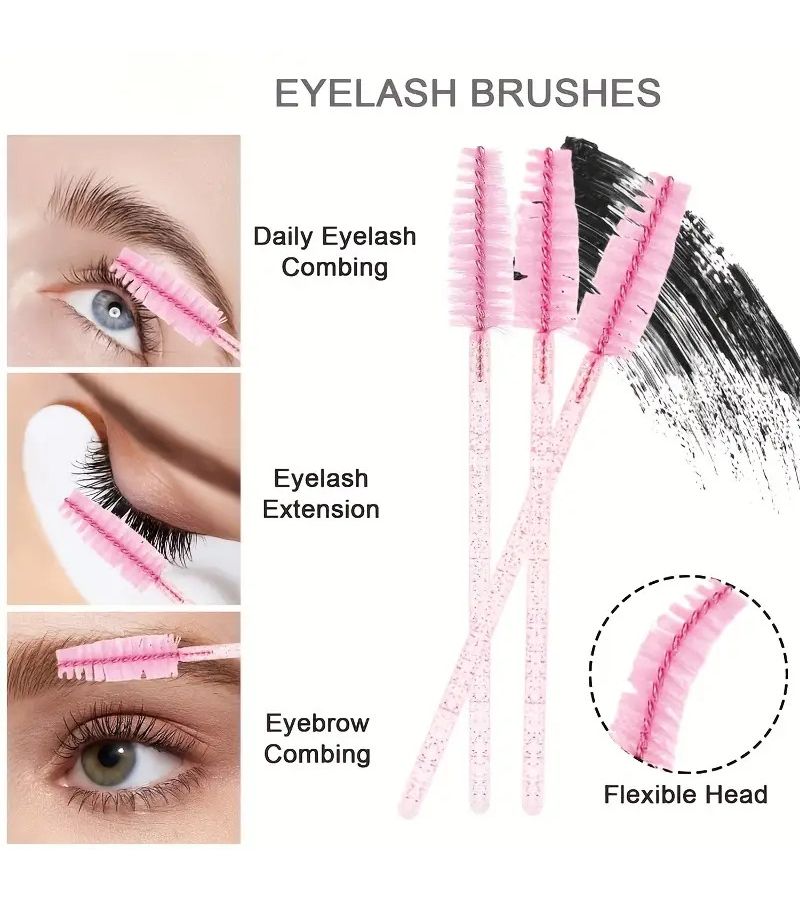 24pcs Pink Handle Eyelash Brushes for Extension Eyebrow Grooming Dust Removal - Image 2