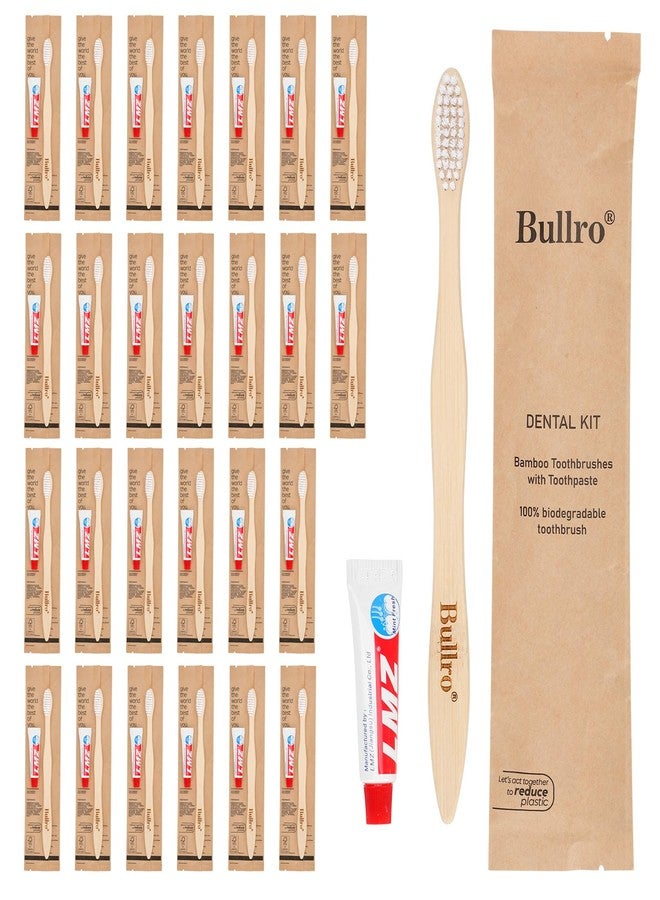 Bullro Bamboo Disposable Toothbrush Kit (50 Pack) with 6g Toothpaste - 100% Natural Biodegradable - Individually Wrapped Disposable Amenities for Hotel, Airbnb, Travel, Camping, Homeless & Guest Use - Image 1