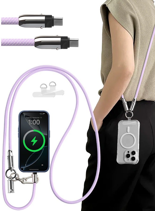 بشكل مختصر حبل هاتف 2 في 1 مع كابل شحن سريع مدمج من USB-C إلى USB-C، وسلك نقل بيانات نايلون عالي السرعة 60 وات مع حزام معصم متقاطع للآيفون 17/16/15، وسامسونج S25، S24 Ultra، S23 FE، وموتو Razr/Edge 2024، وبيكسل 10/9 Pro - Image 1