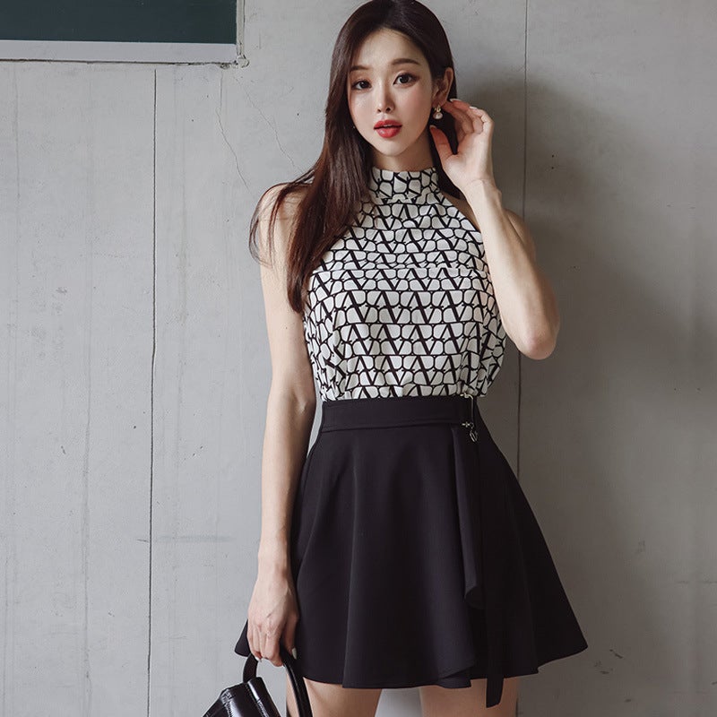 Cross-border suit 2024 Summer New Elegant Neck Printed Top Waisted Ruffled Skirt Two-piece Set Picture color (suit)