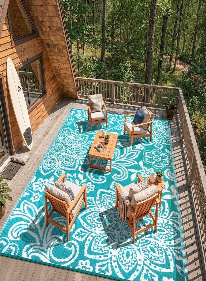 Findosom Waterproof Outdoor Rug 6' x 9' - Reversible Mandala Outdoor Plastic Straw Rug, Durable Foldable Patio Rug for RV, Deck, Balcony, Backyard, Picnic, Porch, Camping, Beach, Blue - Image 2