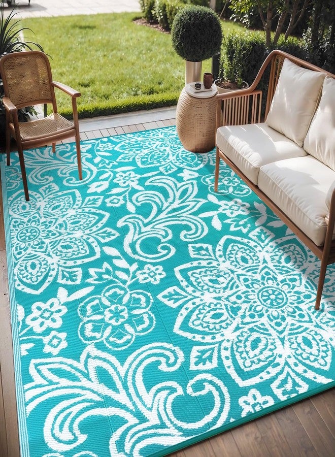Findosom Waterproof Outdoor Rug 6' x 9' - Reversible Mandala Outdoor Plastic Straw Rug, Durable Foldable Patio Rug for RV, Deck, Balcony, Backyard, Picnic, Porch, Camping, Beach, Blue - Image 1