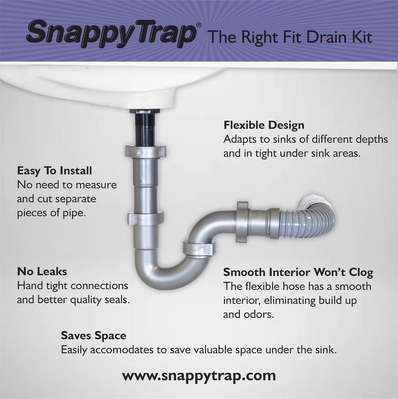 Coflex Snappy Trap Universal P Trap Bathroom Sink Drain Kit, No Leaks, Flexible Design, Easy No Tool Installation, 9-13 Inches Flexible Hose Length & 16 Inches Product Length (DK-105 Silver) - Image 2