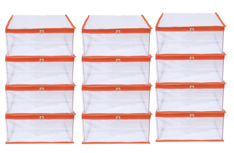 MBW Clothes Organiser for Wardrobe, Saree Covers with zip, Saree Organizer for Wardrobe, Clothes Storage Bag, Saree Bags Storage, Saree Covers for Storage, Transparent (Orange - Pack of 12) - Image 1