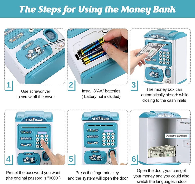 BAREPEPE Electric Atm Piggy Bank For Kids With Password Protection And Finger Sensor, Auto Roll Money Notes - Blue, Modern - Image 4