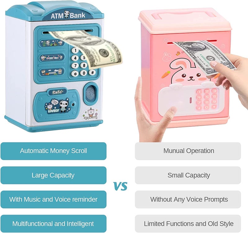 BAREPEPE Electric Atm Piggy Bank For Kids With Password Protection And Finger Sensor, Auto Roll Money Notes - Blue, Modern - Image 2
