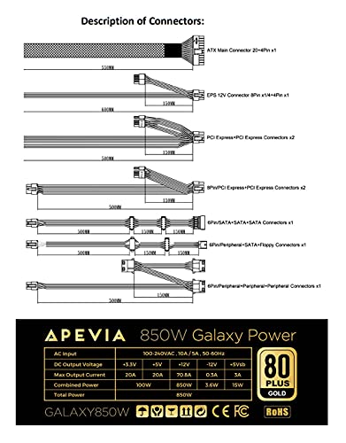 Apevia ATX-GX850W Galaxy 850W (No PCIe 5.0 & Gen 5 12VHPWR Connector) 80+ Gold Certified Active PFC ATX Semi-Modular Gaming Power Supply - Image 3