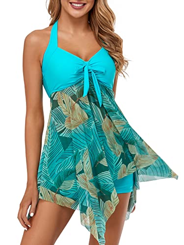 MiYang Women Tankini Swimdress with Boyshorts Two Piece V Neck Bowknot Halter Bathing Suit Dress Green Flower - Image 1