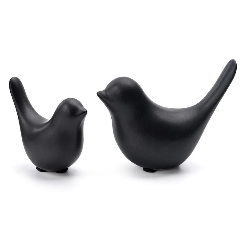 Ceramic Bird Abstract Ornament – Black, Two Pieces (Large and Small), for Shelf, Decor