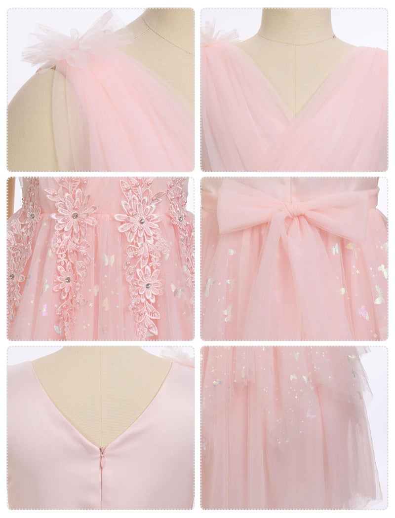 IBAKOM Flower Girl Formal Wedding Dress Sparkly Butterfly Ruffle V Neck Junior Bridesmaid Pageant Birthday Tea Party Outfits Tween Princess First Communion School Prom Evening Ball Gown Pink 11-12 Years - Image 3