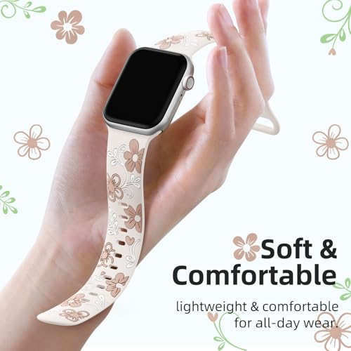 Witzon Floral Band Compatible with Apple Watch Bands For Women 41mm 40mm 38mm 42mm 44mm 45mm 46mm 49mm, Engraved Cute Flower Soft Silicone Strap for iWatch Series 11 10 9 8 7 6 5 4 3 2 1 SE Ultra - Image 3
