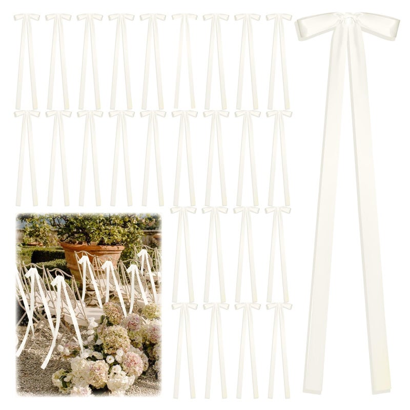 Ansberta 24 Pcs Large Wedding Ivory Ribbon Bows for Wedding Chairs Decorative Ribbon Sashes for Pew Back Elegant Ceremony Ribbons for Bridal Shower Banquet Marriage Ceremony - Image 1
