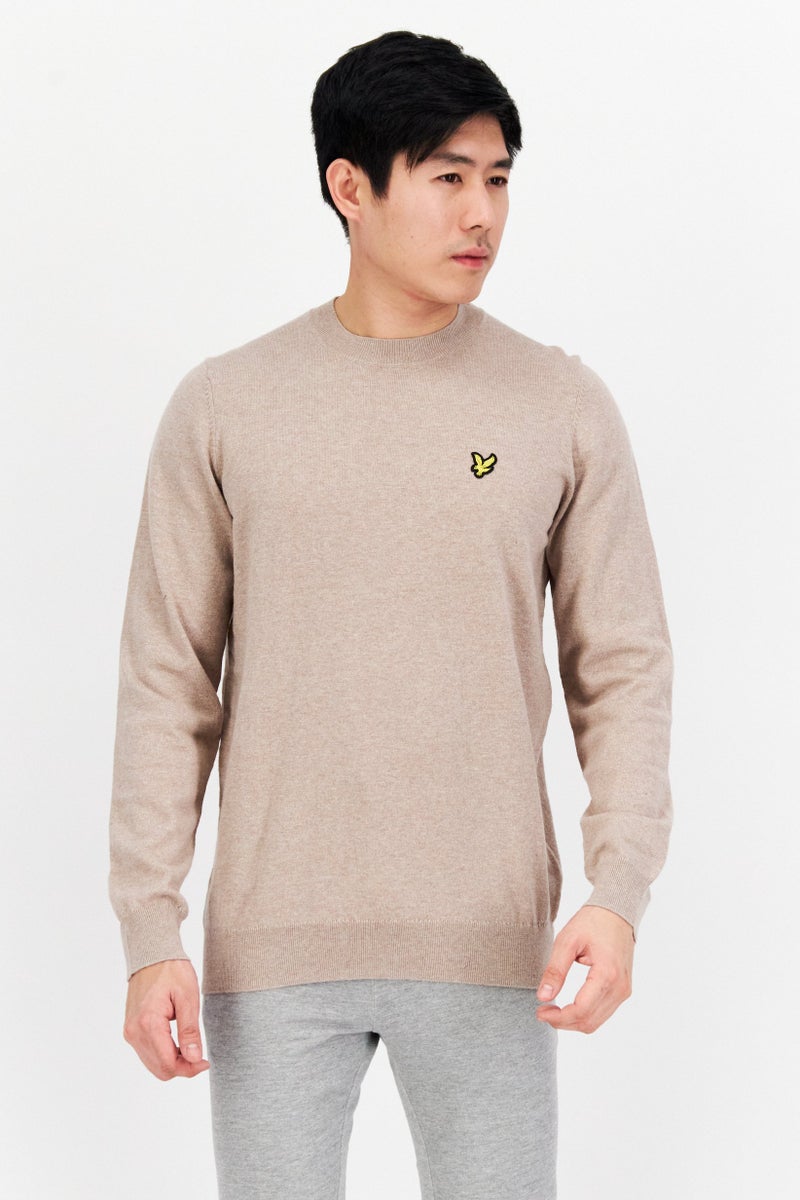 Lyle & Scott Men Crew Neck Embroidered Knitted Sweater, Tan - Image 1