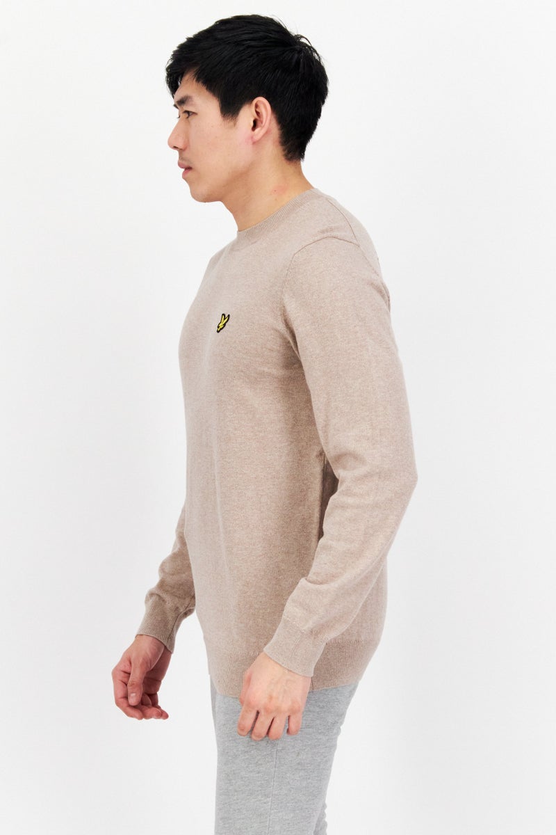 Lyle & Scott Men Crew Neck Embroidered Knitted Sweater, Tan - Image 3