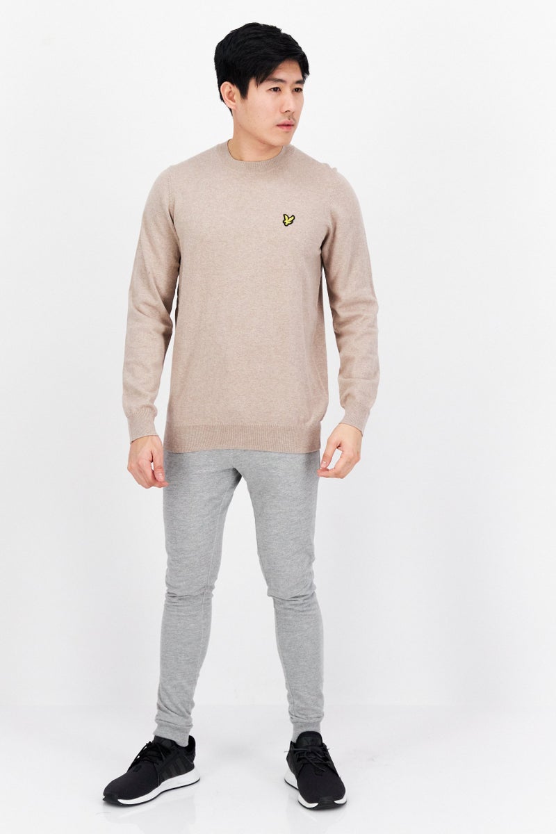 Lyle & Scott Men Crew Neck Embroidered Knitted Sweater, Tan - Image 2
