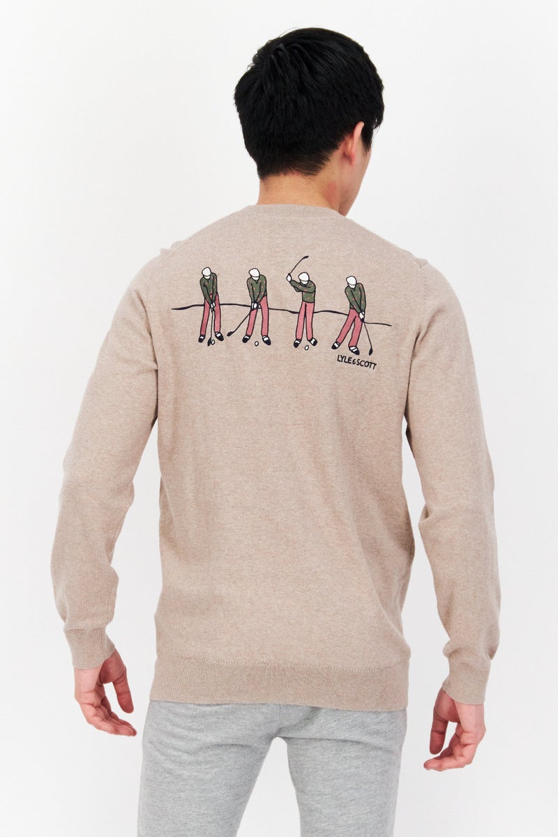 Lyle & Scott Men Crew Neck Embroidered Knitted Sweater, Tan - Image 4