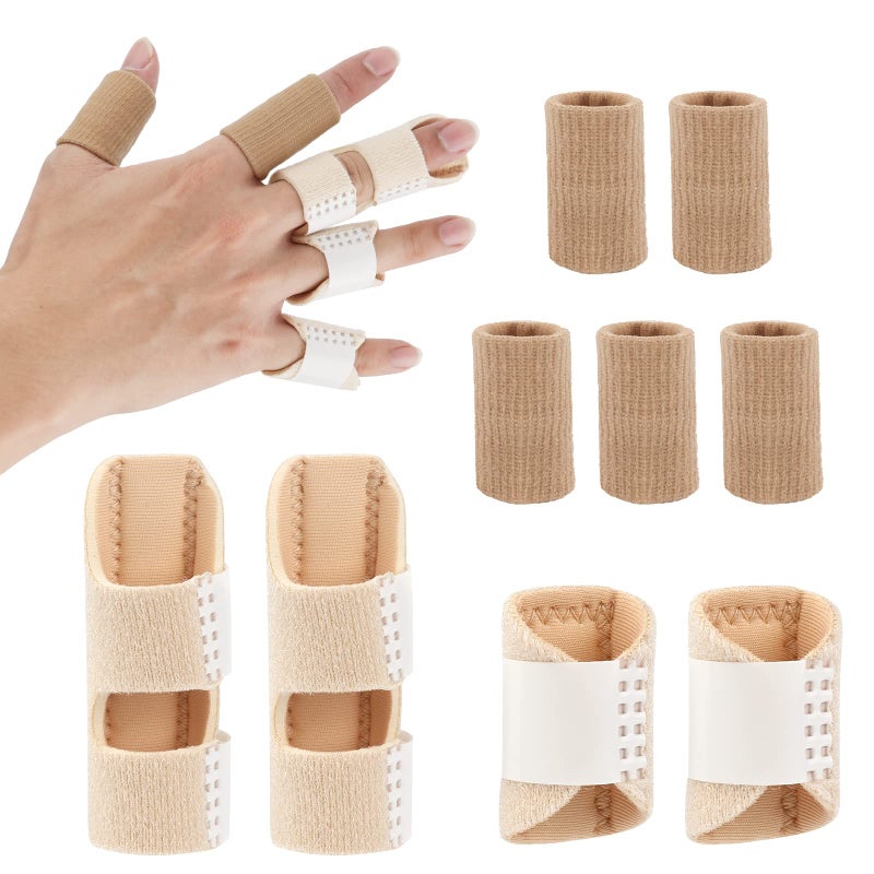 4pcs Trigger Finger Splints and 5pcs Finger Sleeves 2 Sizes Pain Relief Finger Stabilizer Brace Finger Straightener Immobilization Splint for Broken Sprained Swollen Fingers Skin Color