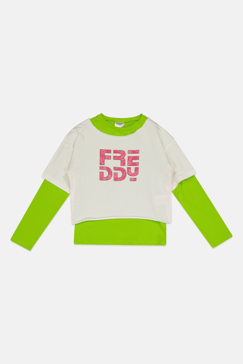FREDDY سويت شيرتات بنات أطفال بأكمام طويلة بطبعة جرافيك، أخضر - Image 1