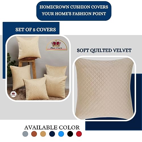 HOMECROWN 16x16 Inch Quilted Velvet Cushion Covers Set of 5 – Soft Decorative Throw Pillow Cases for Sofa, Couch, Bed, and Living Room – Zipper Closure, Beige - Image 4