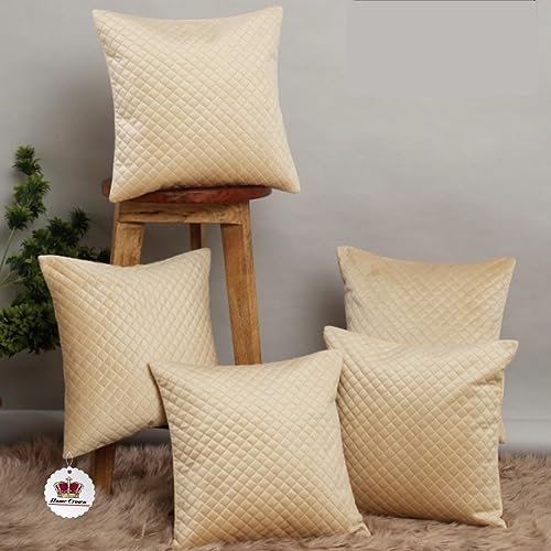 HOMECROWN 16x16 Inch Quilted Velvet Cushion Covers Set of 5 – Soft Decorative Throw Pillow Cases for Sofa, Couch, Bed, and Living Room – Zipper Closure, Beige - Image 1