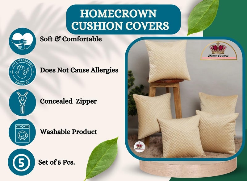 HOMECROWN 16x16 Inch Quilted Velvet Cushion Covers Set of 5 – Soft Decorative Throw Pillow Cases for Sofa, Couch, Bed, and Living Room – Zipper Closure, Beige - Image 2