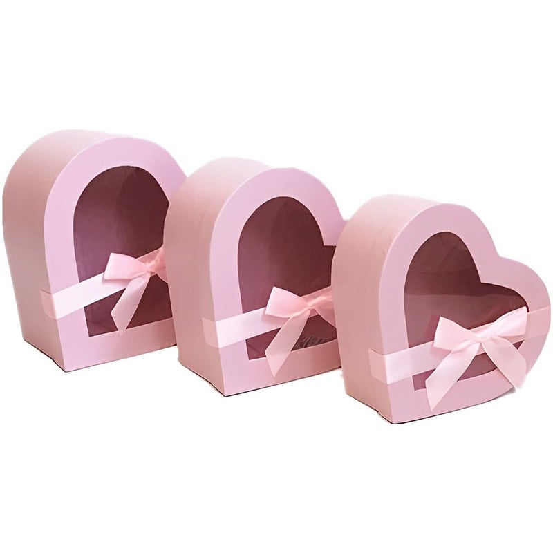 BBJ WRAPS Heart Shaped Boxes for Flowers Packaging with Transparent Window Lids Luxury Gift Box for Floral Arrangement Set of 3SML Pink
