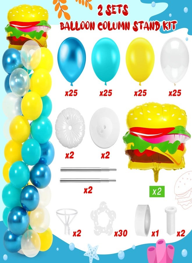هونغداو طقم حامل أعمدة بالونات إسفنجية من هونغداو (مجموعتان) - بالونات كرتونية لتزيين حفلات أعياد الميلاد، يتضمن بالون هامبرغر من الألومنيوم، بالونات زرقاء وصفراء مع أعواد حاملة، مثالي لحفلات أعياد الميلاد الكرتونية. - Image 2