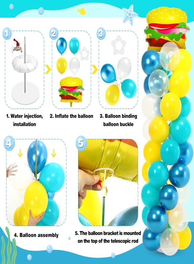 هونغداو طقم حامل أعمدة بالونات إسفنجية من هونغداو (مجموعتان) - بالونات كرتونية لتزيين حفلات أعياد الميلاد، يتضمن بالون هامبرغر من الألومنيوم، بالونات زرقاء وصفراء مع أعواد حاملة، مثالي لحفلات أعياد الميلاد الكرتونية. - Image 3