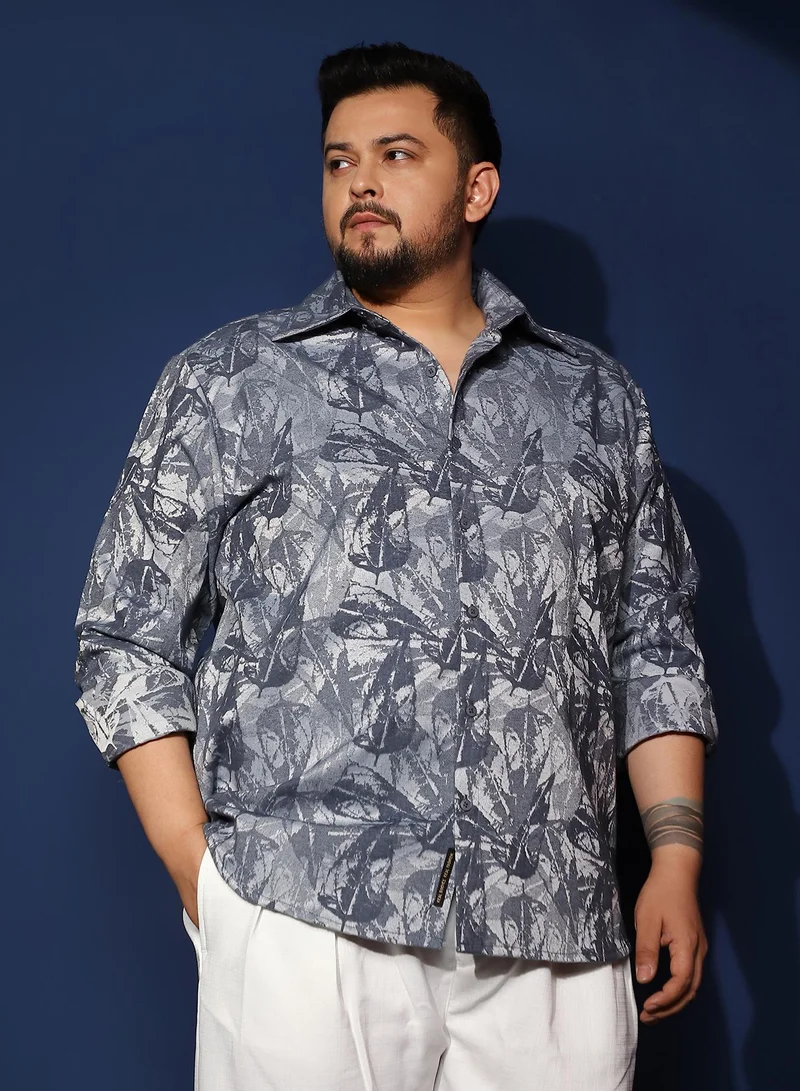 Instafab Plus Men's Indigo Blue Willow-Foliage Imprint Shirt For Casual Wear | Spread Collar | Long Cuffed Sleeves | Button Closure | Plus Size Shirt Crafted With Comfort Fit For Everyday Wear