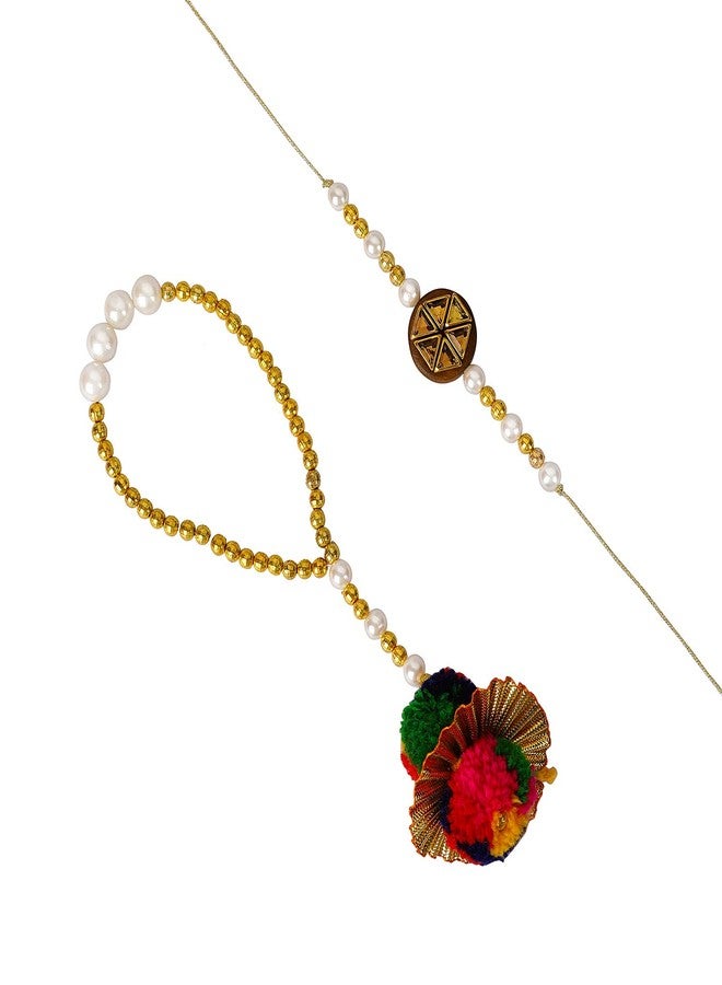 Accessher Traditional Elegant Beads Bhaiyya Bhabhi Lumba Rakhi for Beloved Brother with Acrylic Peacock Pooja Thali, Roli Kumkum Packets and Happy Rakshabandhan Card - Image 2