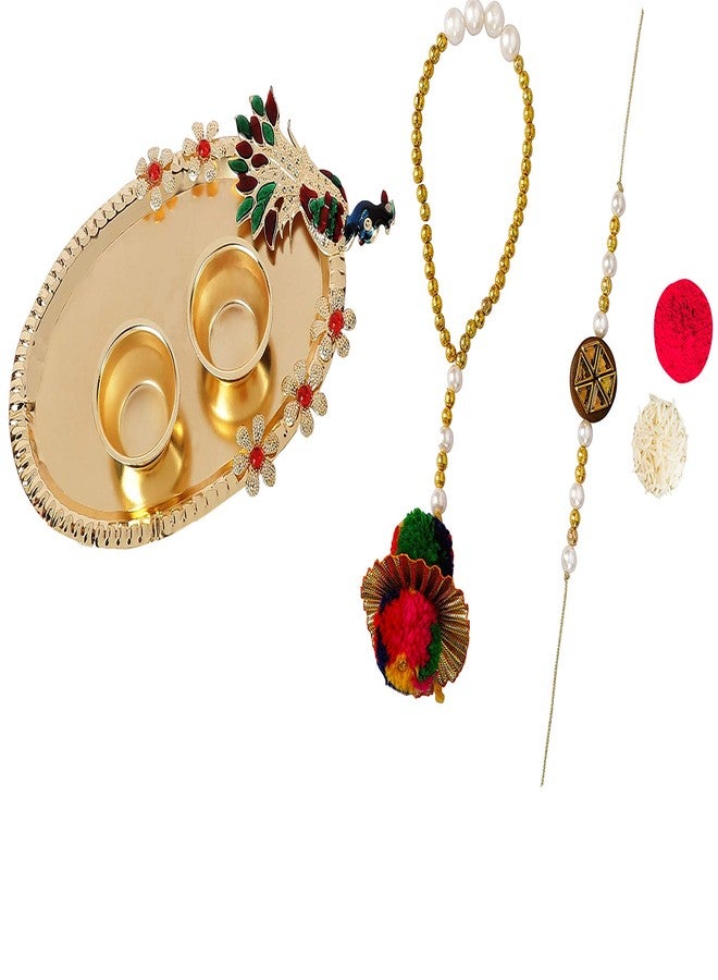 Accessher Traditional Elegant Beads Bhaiyya Bhabhi Lumba Rakhi for Beloved Brother with Acrylic Peacock Pooja Thali, Roli Kumkum Packets and Happy Rakshabandhan Card - Image 1