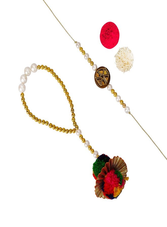 Accessher Traditional Elegant Beads Bhaiyya Bhabhi Lumba Rakhi for Beloved Brother with Acrylic Peacock Pooja Thali, Roli Kumkum Packets and Happy Rakshabandhan Card - Image 3