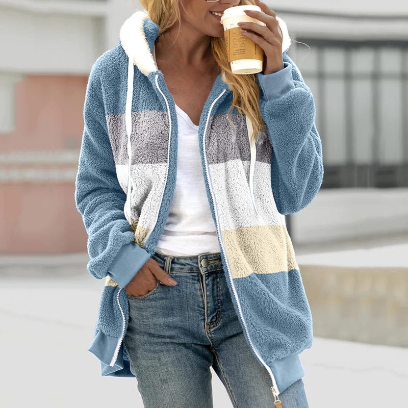 Winter Patchwork Lambs Wool Hoodies Coat for Women, Long Sleeved Double Face Fleece Zip Patchwork Hooded Coat (XX-Large, Blue)